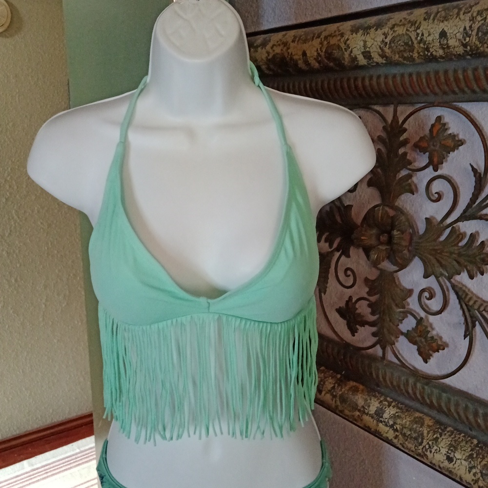 Fringed damsel triangle green bikini top Sz S